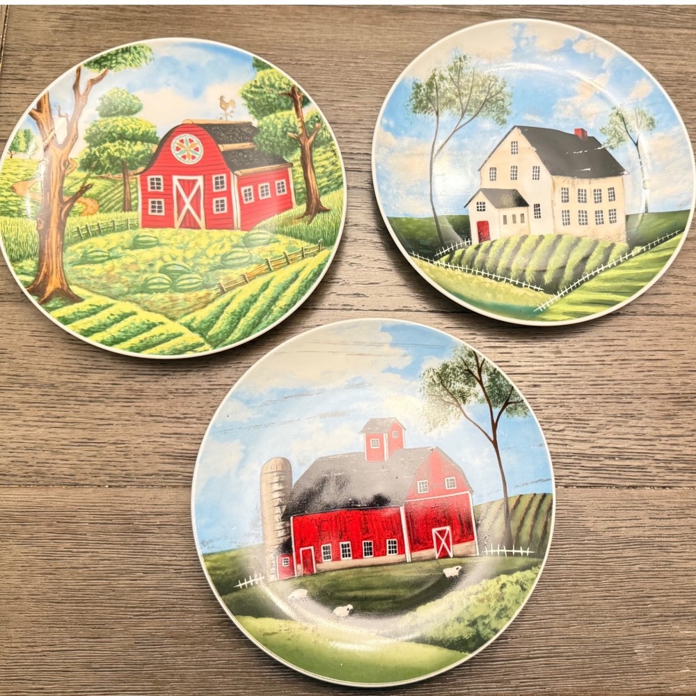Vintage Style Farmhouse Barn Folk Art Decorative Plates Set of 3 Red White 8"